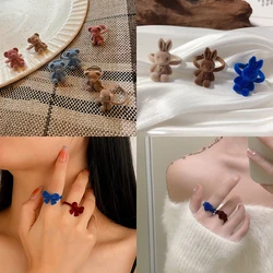Anillos de oso a la moda para mujer, anillos creativos de tela flocada con forma de corazón de conejo y pajaritas, hebra ajustable, regalo de joyas de fiesta para niñas
