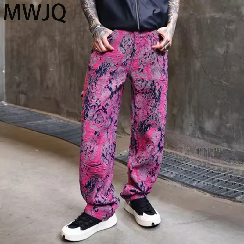 

MWJQ Jacquard Y2K Purple Jeans Men's Loose Wide Leg Trendy American Street Washed Straight Long Pants New Chic Trousers 010420