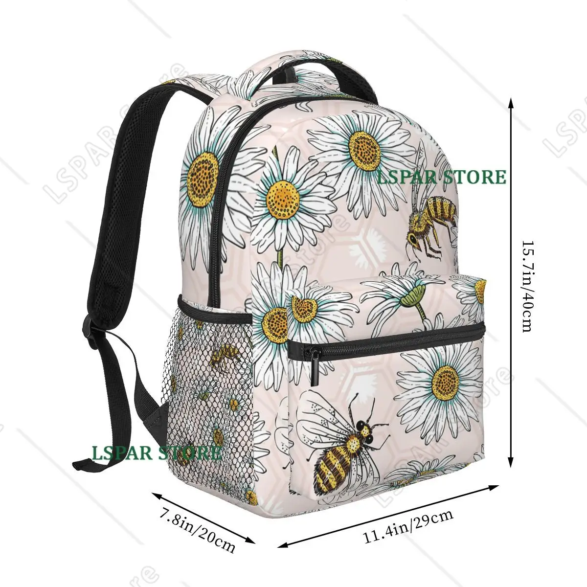 Pink Background Cute Bee And Daisy Backpack Hot Sale Daypack Large Capacity Kids BookBag School Bag Shoulder Bags for Men Women