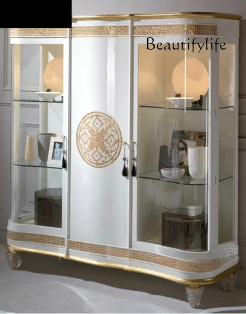 

Luxury European solid wood wine cabinet, living room double door glass storage, antique white drawing gold carving designer