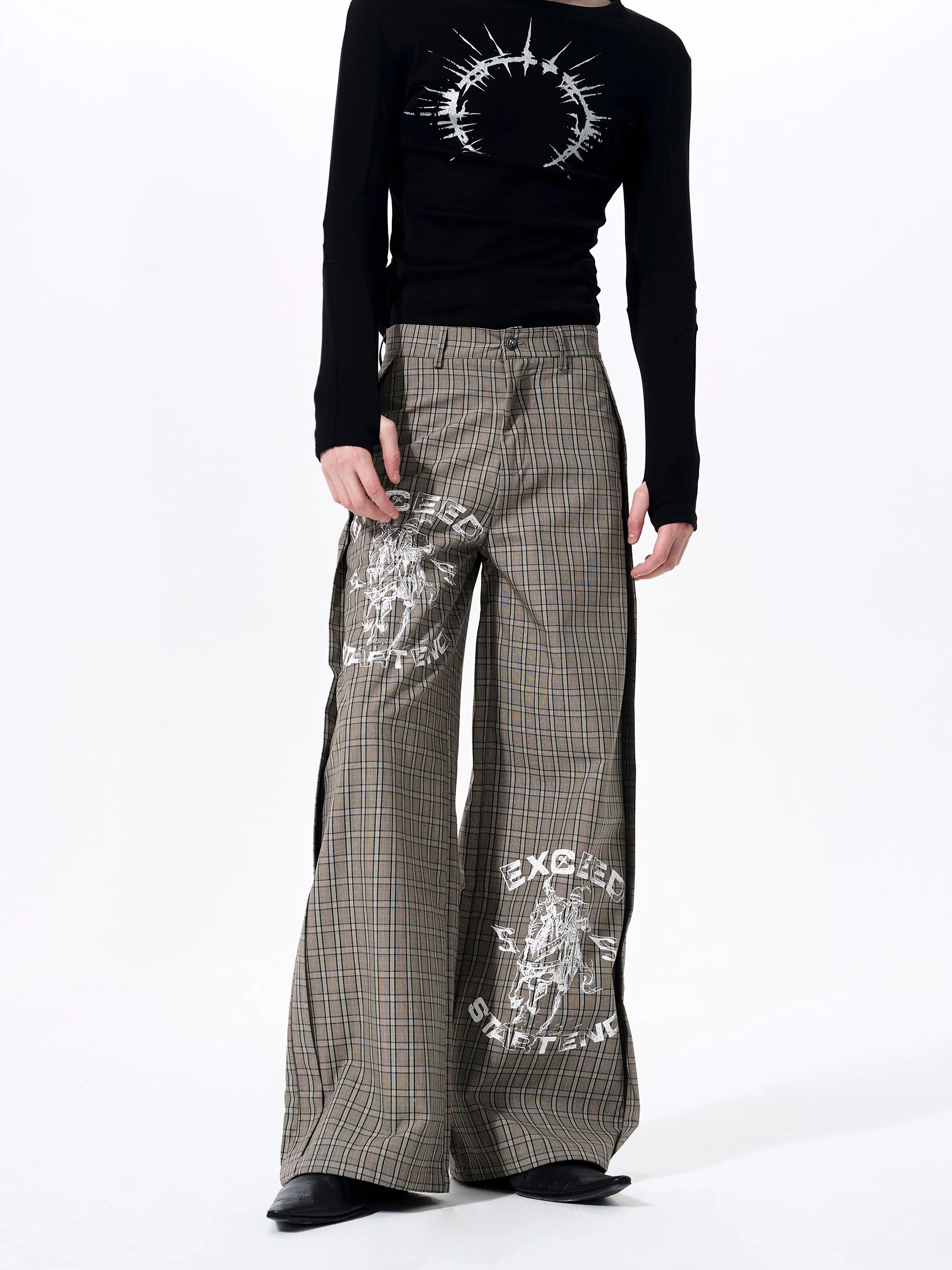 

Vintage Plaid Men's Casual Pants Spring Season War Logo Print Straight Leg West Pants Low Waist Cotton 100% Leisure Wear