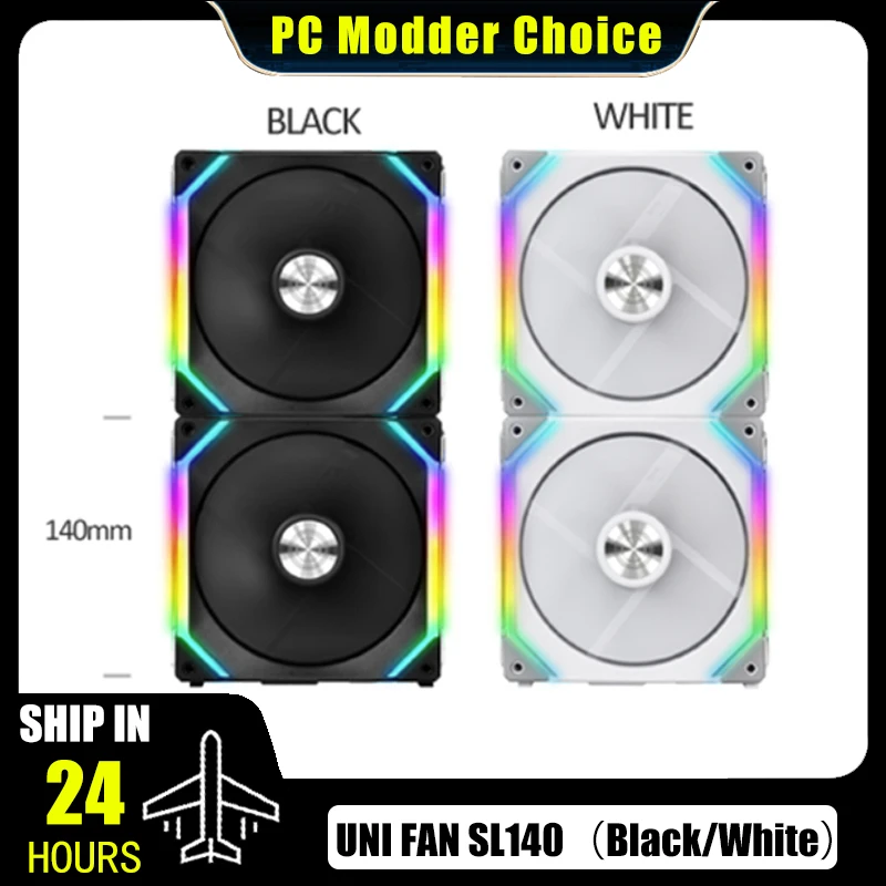 LIAN LI UNI Fan SL140 V1 مروحة مشعاع تبريد المياه للكمبيوتر المعياري 140 مم، تحكم PWM بدون كابل 5 فولت ARGB أسود أبيض، 2 قطعة/الحزمة