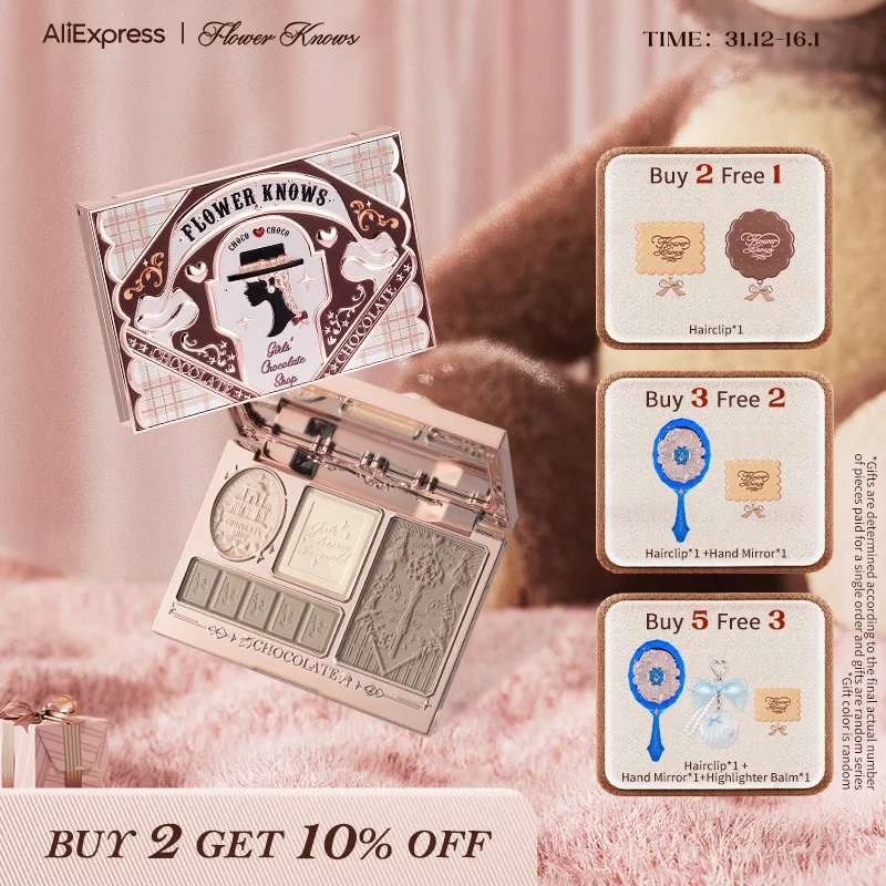 플라워 노트 초콜릿 원더 샵 하이라이터 & 컨투어 4 색 메이크업 3D 브론저 매트 컨투어 파우더