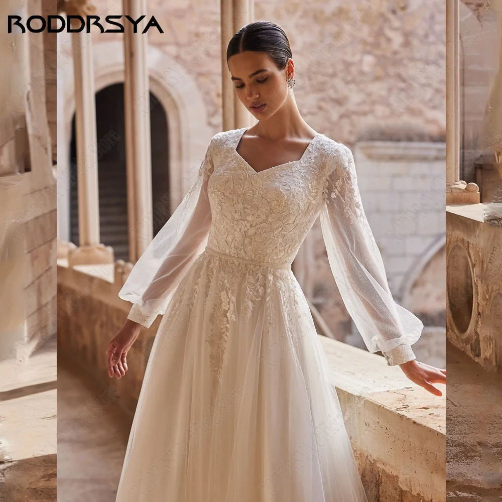 Roddrsya lange Puff ärmel Brautkleider für Frau A-Linie Applikation muslimischen Brautkleid Perlen Spitze Knopf Vestidos Novias BodaRODDRSYA Lange Puff Ärmel Brautkleider Für Frau A-Linie Applique Muslimische Brautklei