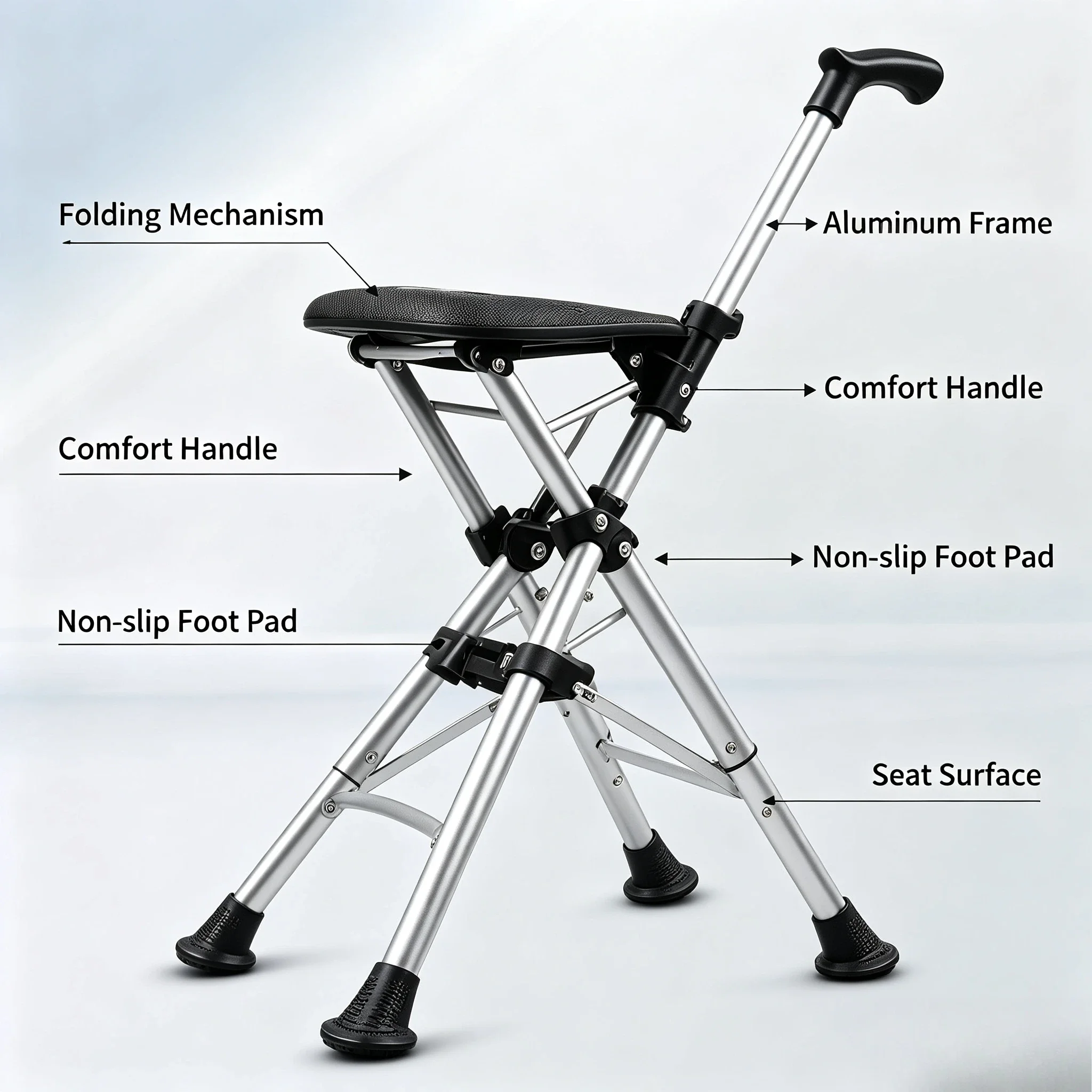 2-in1 88cm Foldable Walking Cane Chair , Portable One-Button Open Close Mobility Aid Seat Cane for Elderly Daily Walking Support