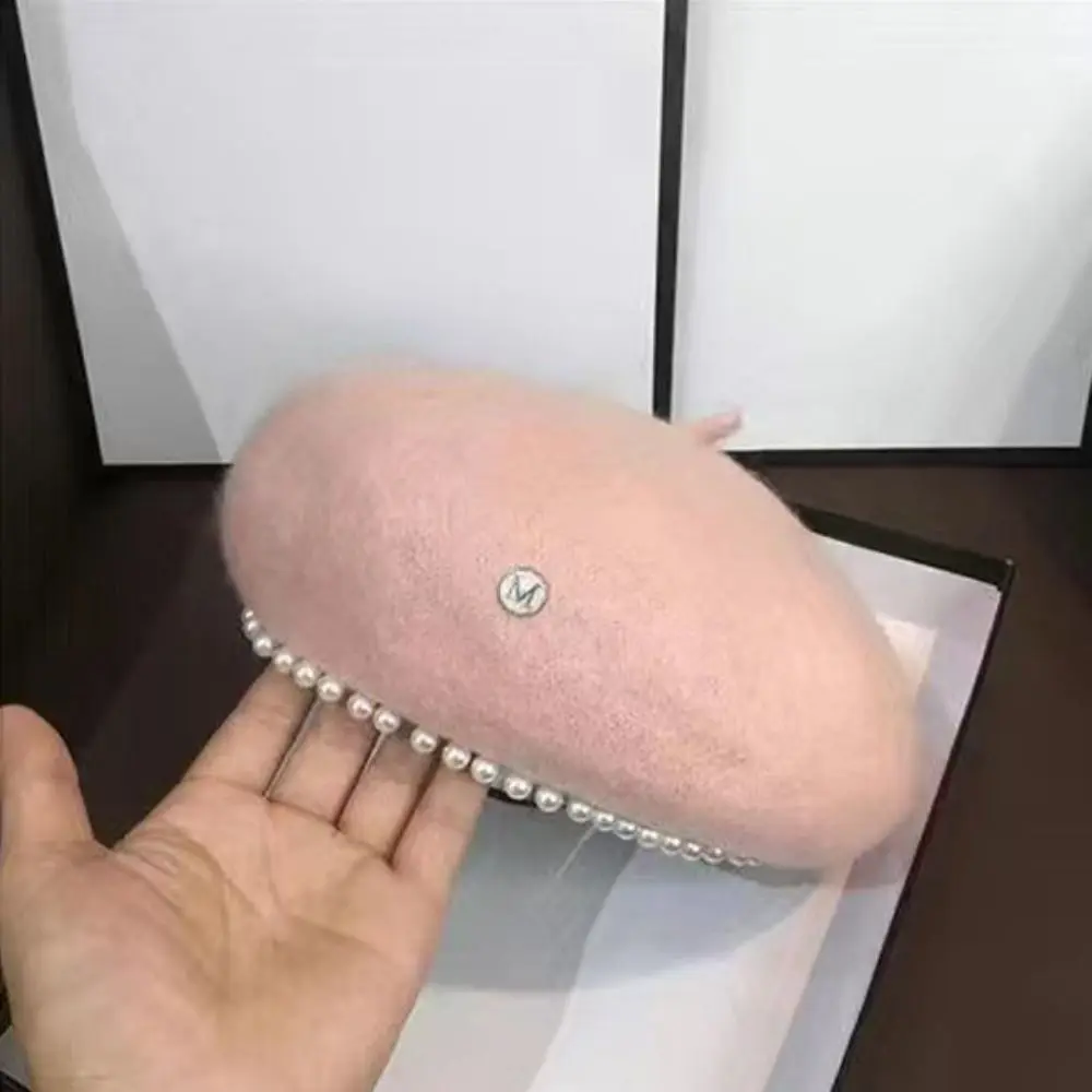 Fashion Warm Winter Wool Berets Hat Retro Pearl Plain Cap Elegant All Matched Felt Berets Lady