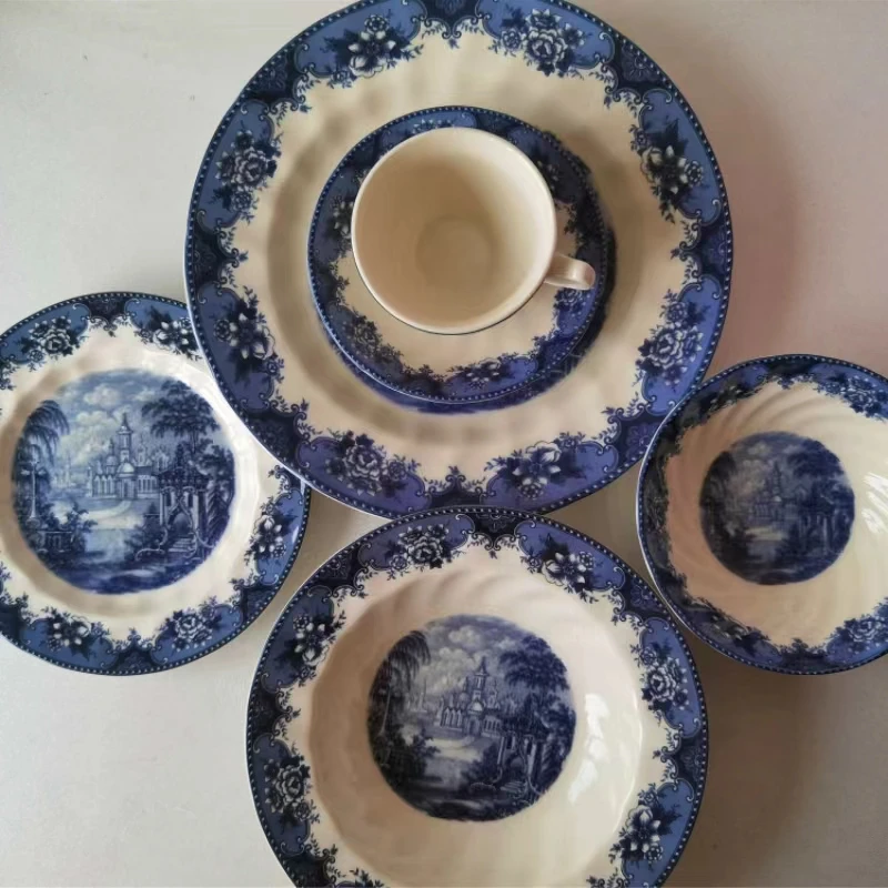 Foreign trade original order blue and white decorative plate steak plate soup plate coffee cup plate bowl set combination