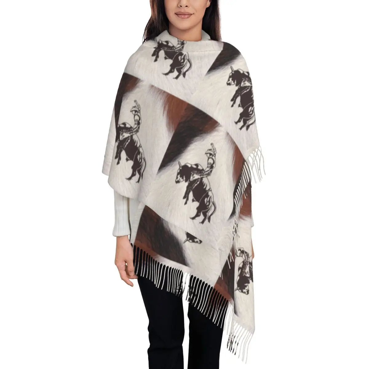 

Женские большие западные ковбойские шарфы в стиле родео для верховой езды из воловьей кожи, женские зимне-осенние мягкие теплые шаль с кисточками, шарф с текстурой коровы