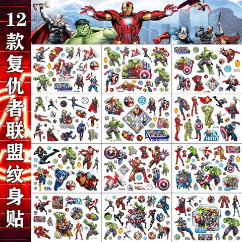 Pegatinas de tatuaje de Los Vengadores, tema de Disney, pegatina de superhéroe Original impermeable, suministros de fiesta de cumpleaños, regalo de dibujos animados para niños