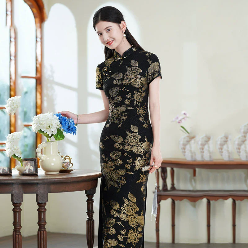 Hot Stamping Black Chinese Style Long Modified Cheongsam 2025 for Young Women Short Sleeve Spring/Summer Qipao
