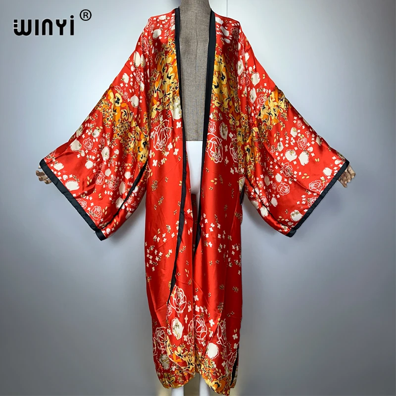 WINYI print boho kimono maxi beach wear cover up holidayparty dress abaya dubai luxury muslim woman fashion open front kaftan