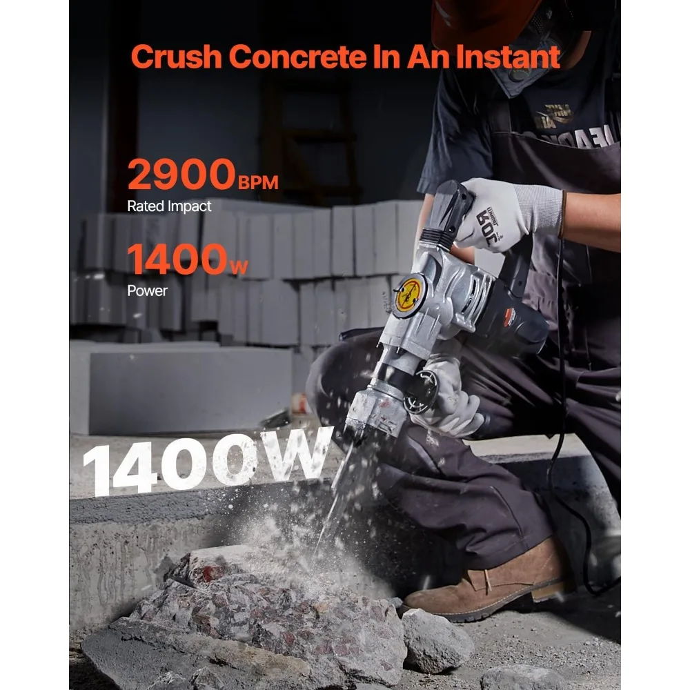 Palu Beton Listrik 1400W Heavy-Duty untuk Pembongkaran, Termasuk 2 Pahat, 2900 BPM untuk Pemecah Beton, Kotak Portabel