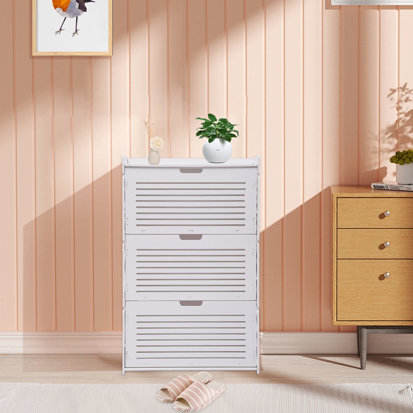 Free Standing Shoe Rack – Shoe Storage Cabinet Entryway Tipping Bucket Shoe Rack 3 Flip Drawers