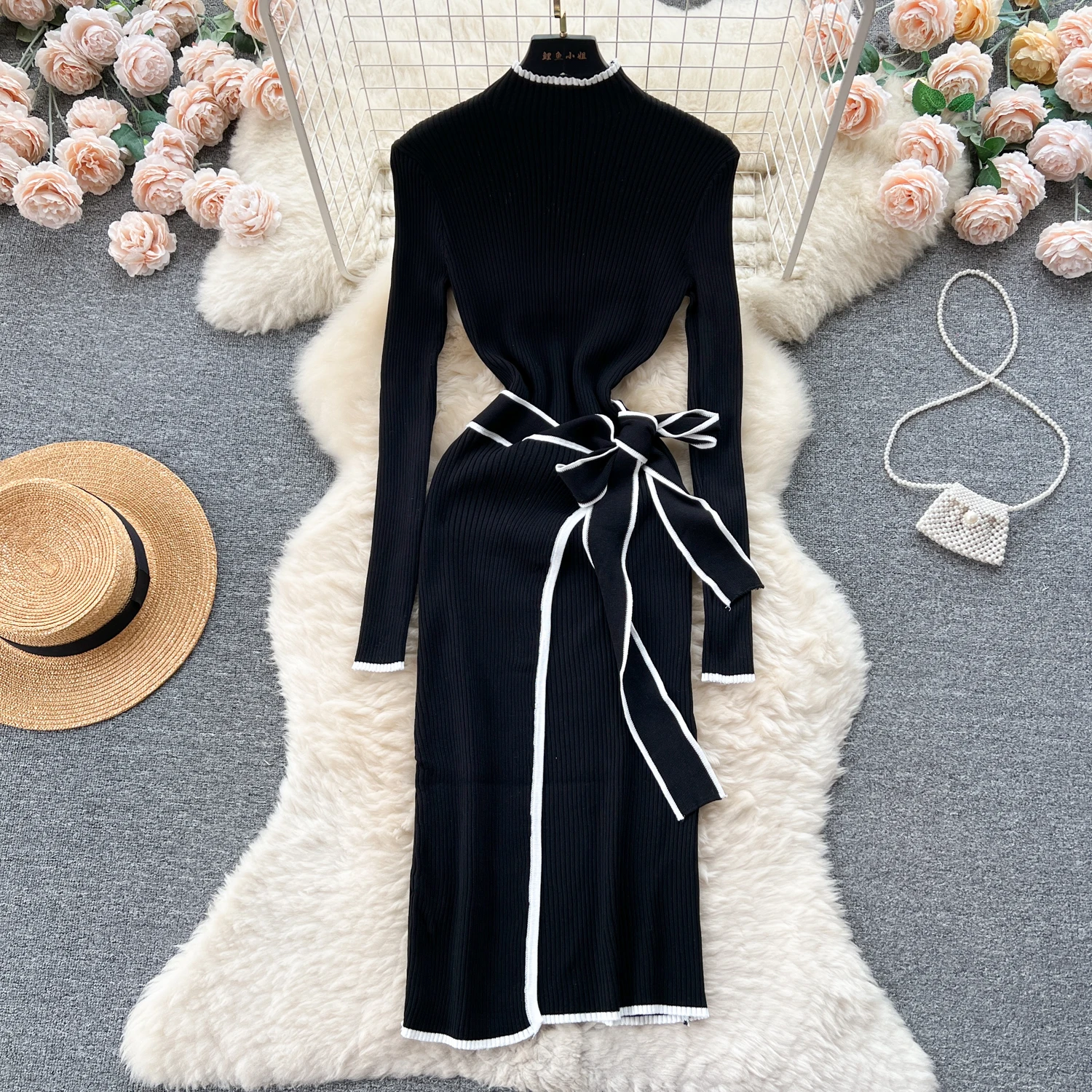 YuooMuoo Women Knitted Dress Autumn Winter Slim Lace-up Long Sleeve Bottoming Black Sweater Dress Elegant Office Lady Vestidos