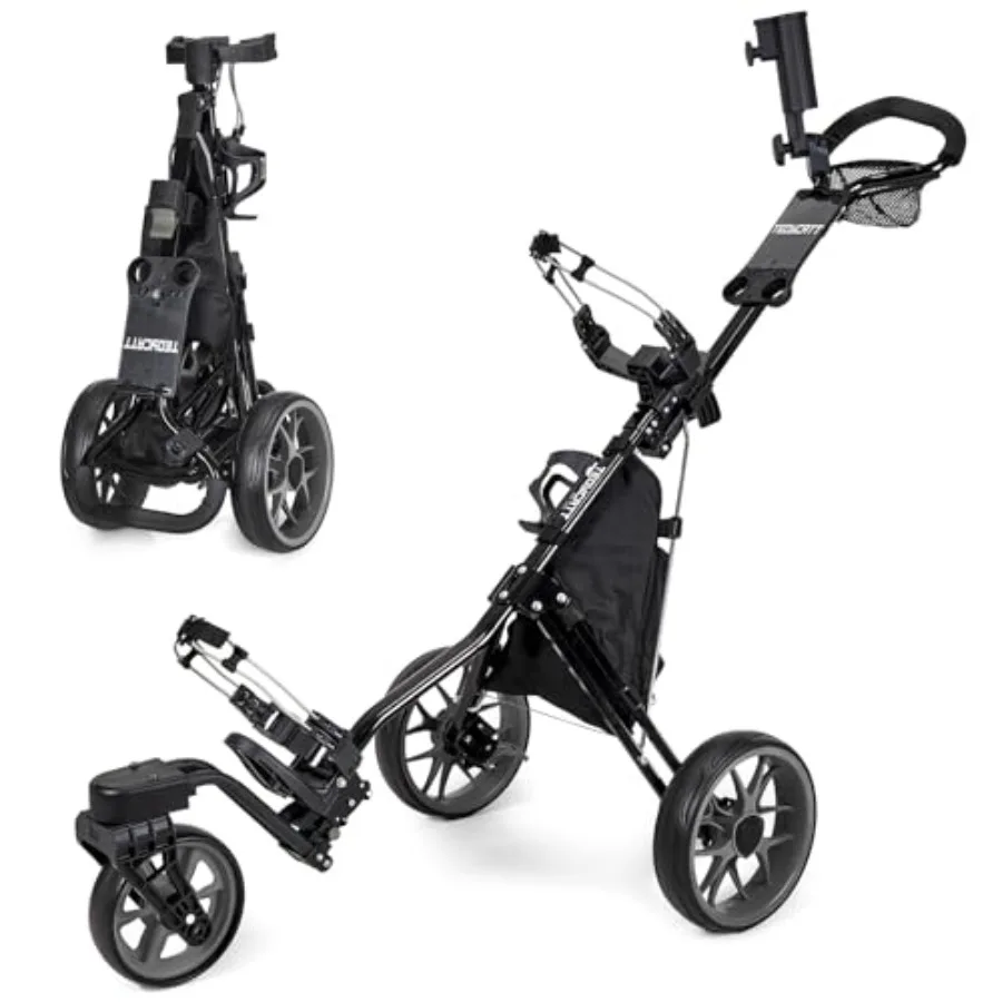 

Тележка для гольфа 360 Golf Pull Cart: легкая складная тележка на 3 колесах с поворотными колесами, ножным тормозом, сумкой-холодильником, держателем для напитков и зонта.