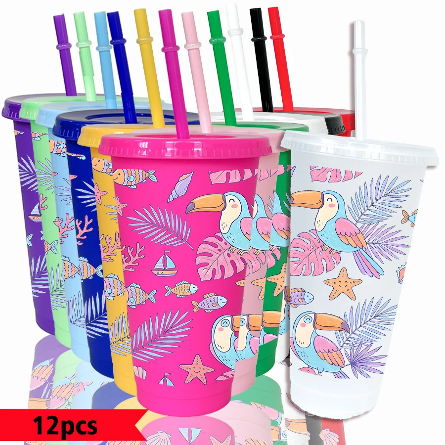 12pcs/pack Parrot Leaves Starfish Pattern 26oz Colored Plastic Party Cold Drink Cup for Back-to-school Birthday Gift