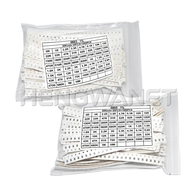 1500PCS/Set 60 Values X 25Pcs SMD 0603 0805 Resistors Assorted Set 0R-10M Ohm 1% High Precision Film Chip Resistance Kit