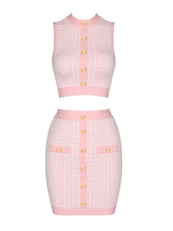 HQBORY Sexy Women Sleeveless Bodycon Pink Mini Short Bandage Dress New Jacquard Modern Girl 2 Piece Sets for Party