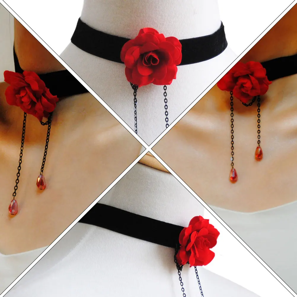 

2Pcs Ribbon Necklace Red Rose Simple Band Clavicle Chain Neck Chain Decoration for Women Ribbon Necklace Neck Decoration