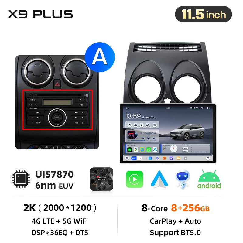 Junsun 9 inch Android 15 autoradio voor Nissan Qashqai J10 2006-2013 draadloos voor Apple CarPlay Auto IPS scherm stereo multimediaspeler automotive slimme intelligente systemen 2 Din autoradio head
