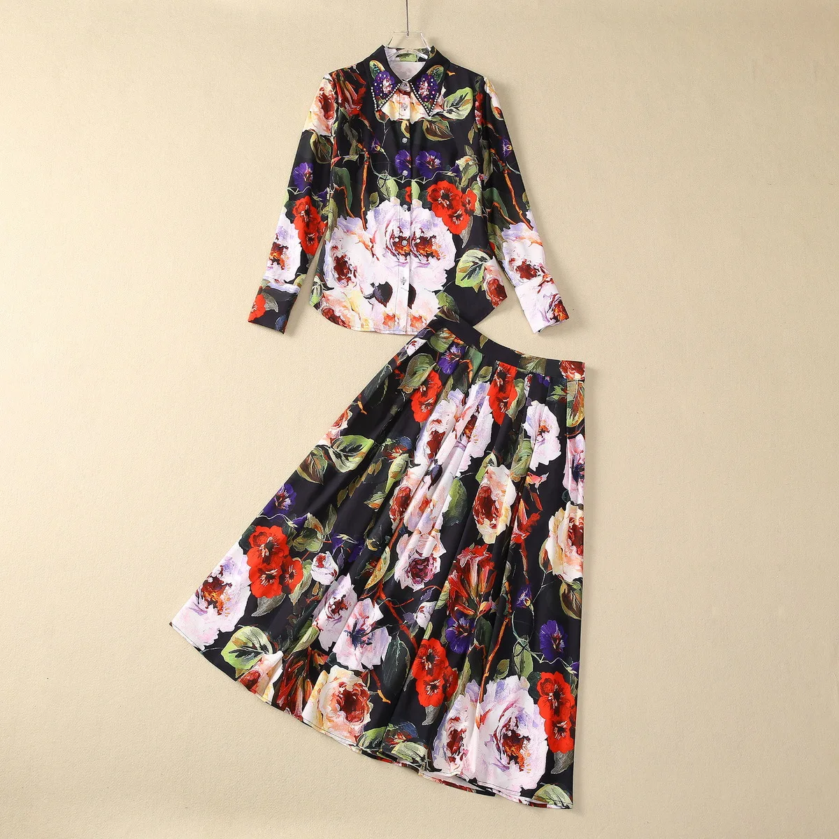 

Europe and the United States women's 2024 summer new Long sleeve stud drill lapel shirt Floral print skirt Fashion suit