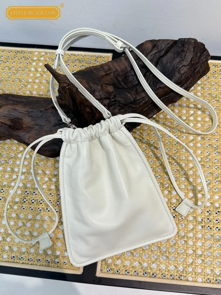 Casual Women Drawstring Sheepskin Genuine Leather Phone Bag Handbag Single Shoulder Underarm Fashion Soft Summer Crossbody Bags