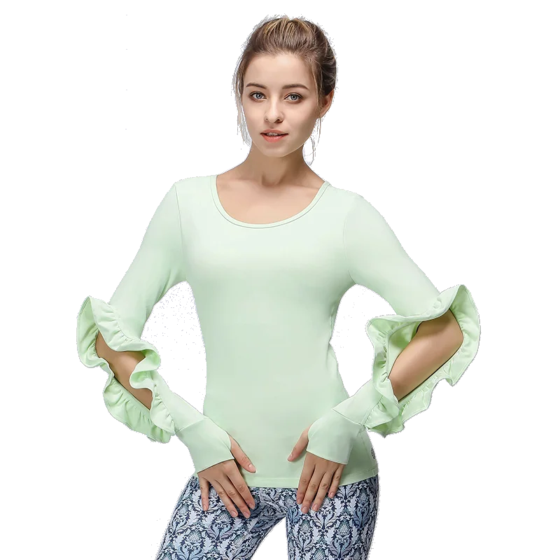 T-shirt sportiva da donna a maniche lunghe con finiture con volant. Traspirante e ad asciugatura rapida per allenamenti yoga, palestra o casual. Abbigliamento per tutte le stagioni5215