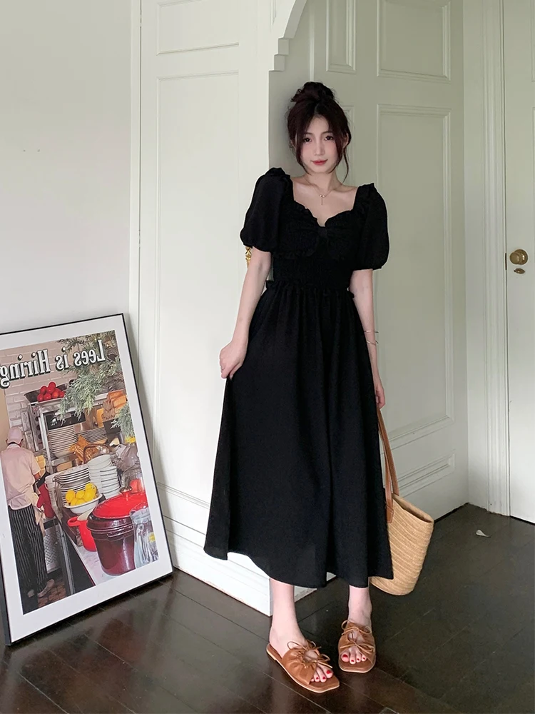 

Black Bubble Sleeve Square Collar Long Dress Women's plus Size Summer High Waist Slimming Gown Korean Style Commute Fashion