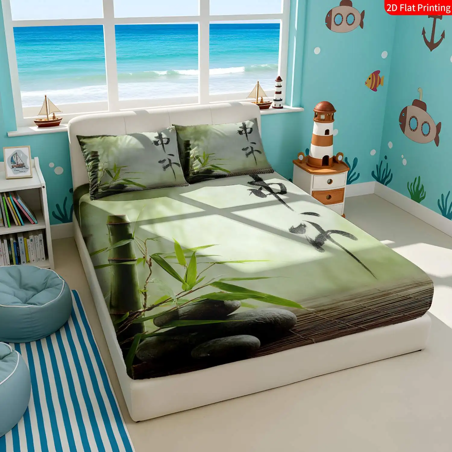3-Piece Mattress Protector Set, 2D Flat Printed Fitted Sheet, Zen Style, Chinese Bamboo Themed Bedding, Home Bedroom Decoration, Holiday-Themed Fitted Sheet and Pillowcase, Mattress Protector, Stain-Resistant, Suitable for All Seasons, Machine Washable, Easy to Care For, Universal for Home Bedrooms, Essential for Dorms and Rentals, Master Bedroom and Guest Room Decoration, Dust-Proof and Stain-Resistant, High Elasticity, Fits Various Sizes