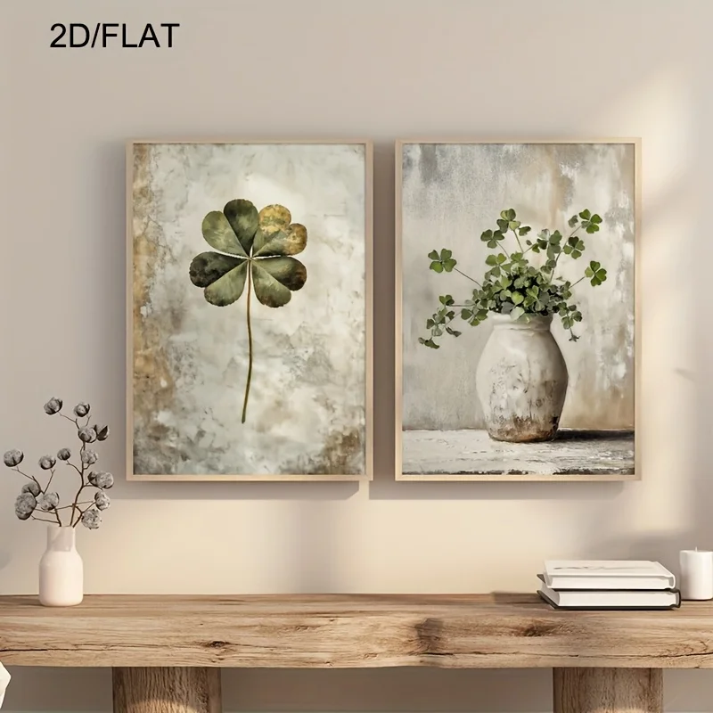 Retro Lucky Four-leaf Clover Canvas Prints Still Life Plant Wall Art Posters for Modern Living Room Bedroom Bathroom Home Decor