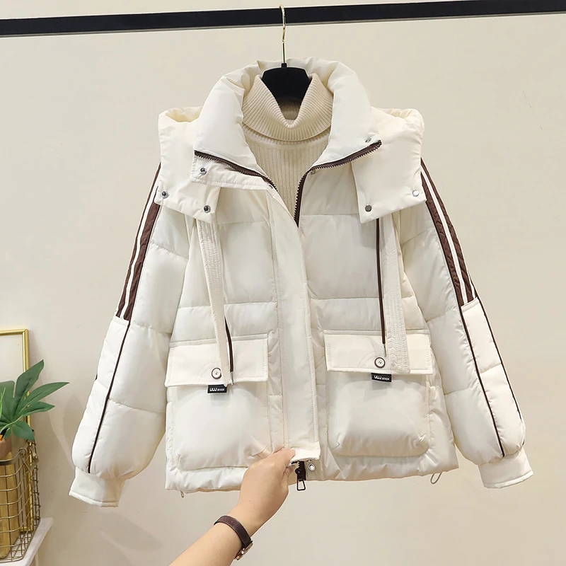 

Women's down Cotton Jaet 2024 Winter New Sle Thiened Faionable Loose Trendy Hooded Zipper ort Sve Long Coat