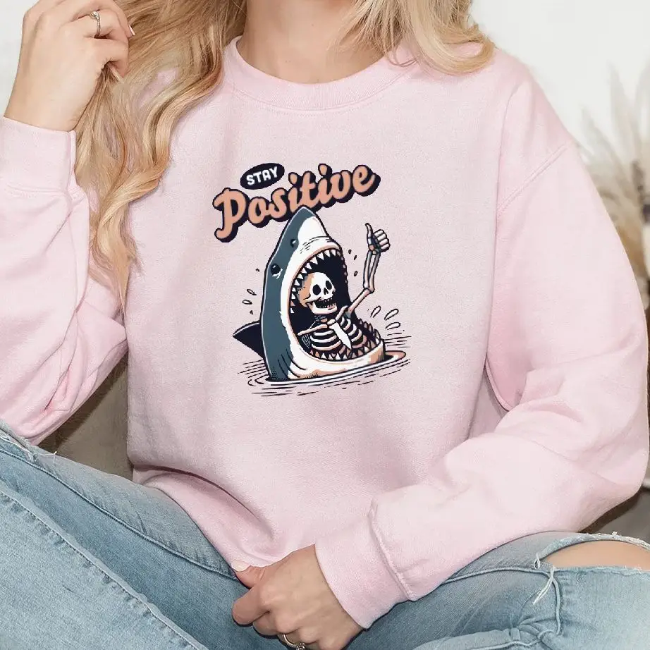 

Sweatshirt Long Sleeves Stylish Pullover Y2K Graphic Hoodies Crew Neck Unisex Casual Daily Wear Stay Positive Skulls Shark