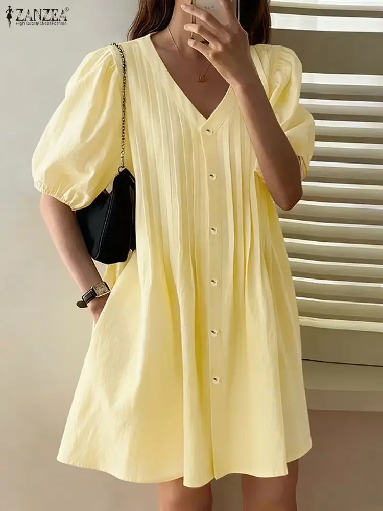 2025 ZANZEA Abiti estivi da donna Mini vestito estivo sexy Moda manica corta a sbuffo Bottoni con scollo a V Abiti corti a pieghe oversize