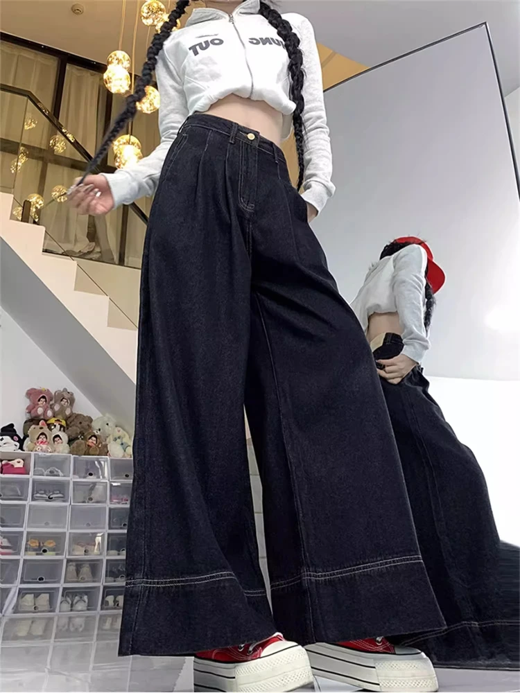 Women's Loose Wide Leg Ankle-length Straight Jeans Street Girl Bottoms Pant Female Fashion High Waist Bell-bottom Denim Trousers