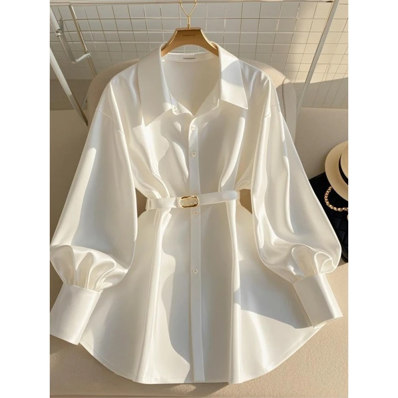 

Autumn New French Temperament Waist Top Fat Light Luxury Senior Sense Age-reducing White Long-sleeved Shirt Women Comfort
