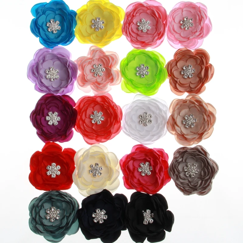 5PCS 9.5CM Skin Burning Fancy Hair Flowers With Rhinestone Embellishment For Headbands Satin Chiffon Flower For Hair Clip