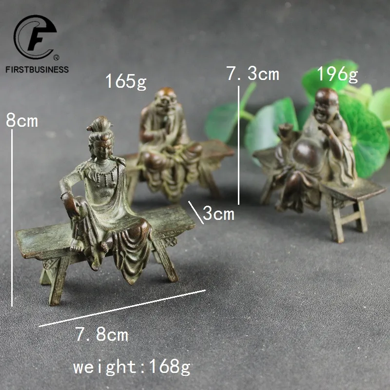 Antique Copper Bench Guanyin Bodhisattva Statue Desktop Ornament Buddha Figurines Lucky Feng Shui Home Decors Crafts Accessories