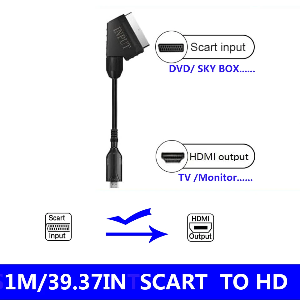 

1080P SCART To HDMI-compatible Video Audio Converter AV Signal Adapter Receiver For HDTV Sky Box STB TV DVD With Power CABLE