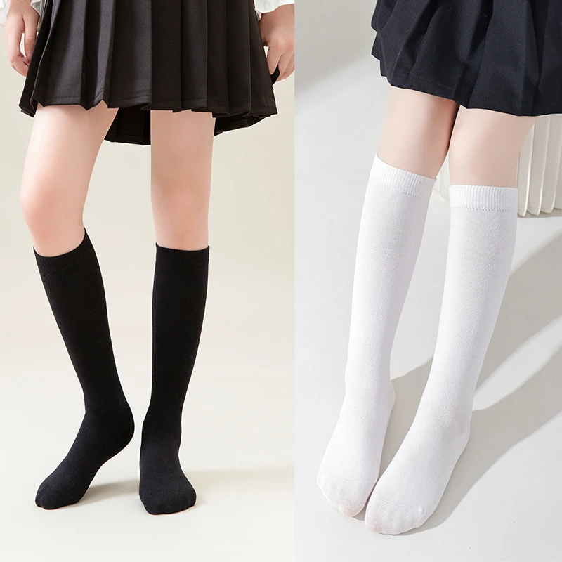 4-Pack Knee-High School Socks for Kids, Solid Color, White Comfy Breathable Soft Knit Fabric, long socks for girls, All-season