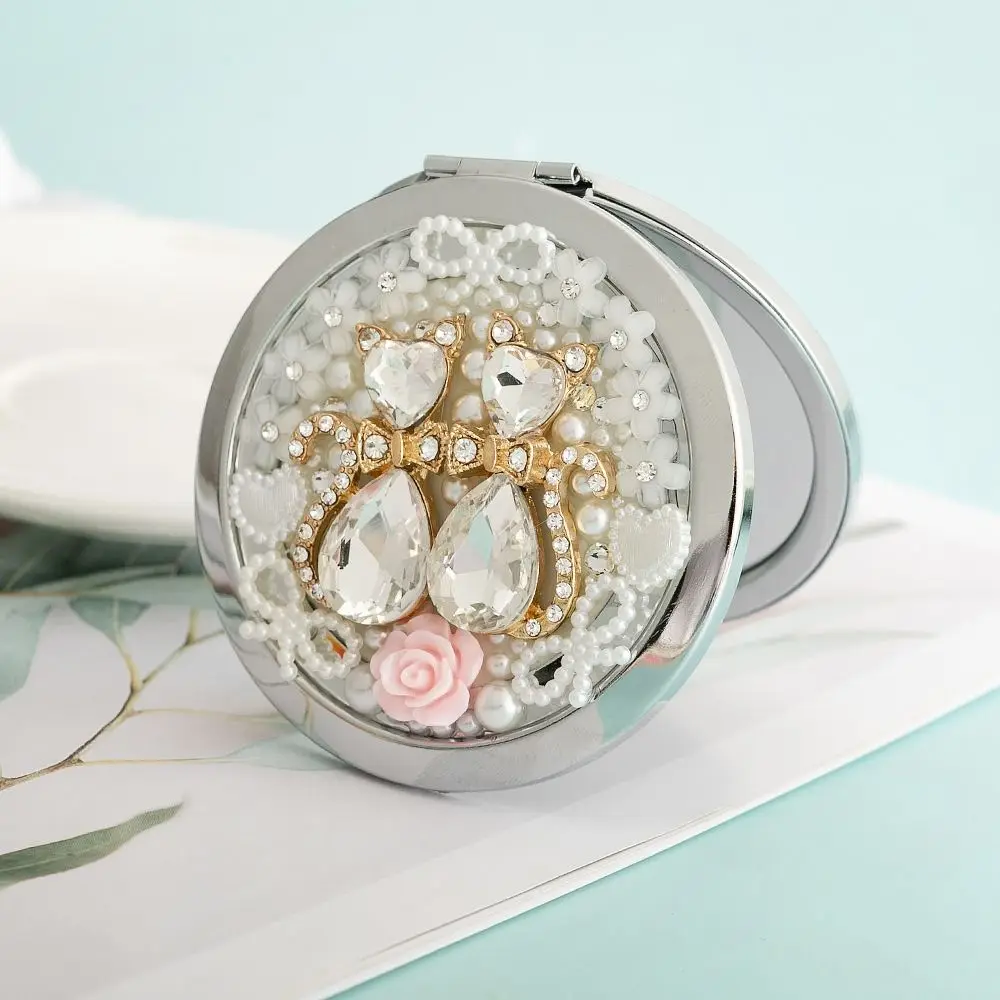 Miroir de poche en forme de cœur en métal pour femme, mini nœud papillon, fleur, chat en cristal exquis, taille de voyage