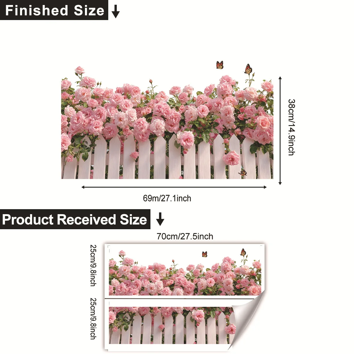 Pink Rose Fence Flowers Wall Art Decor Living Room Self Adhesive Wall Stickers for Bedroom Office Decoration