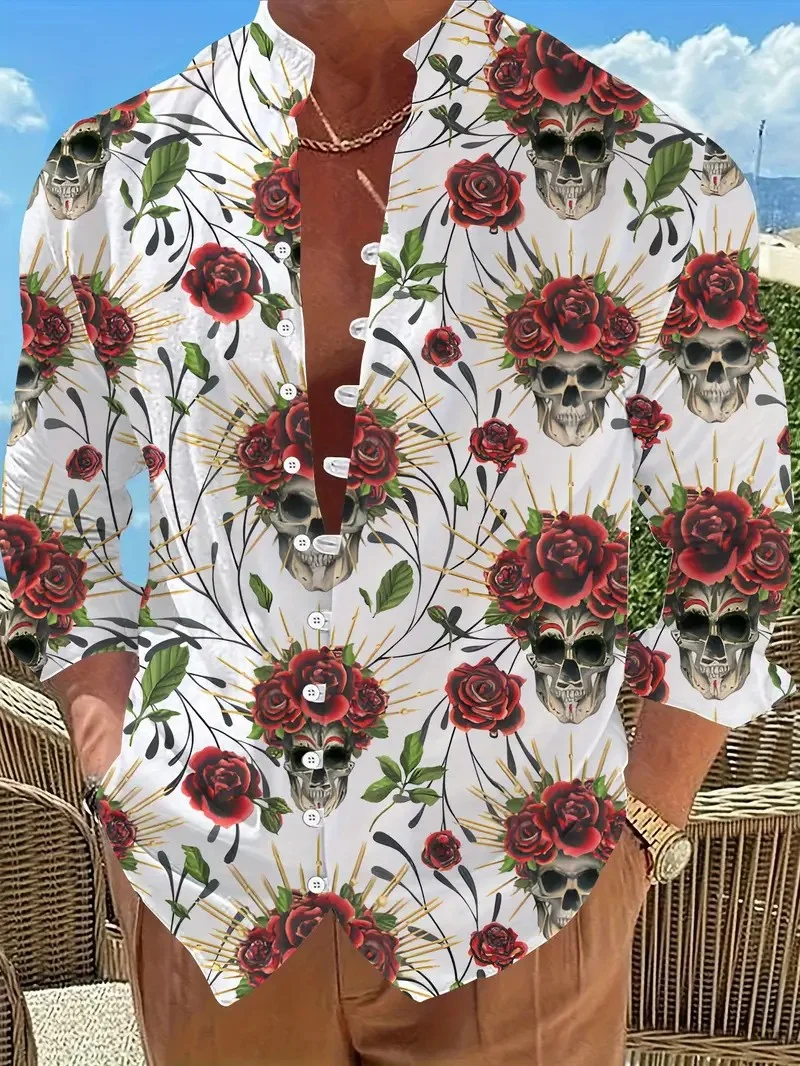 Casual Men Linen Shirts New Print Button Shirt Fashion Stand Up Collar Loose Men's Shirts Streetwear Casual Beach.