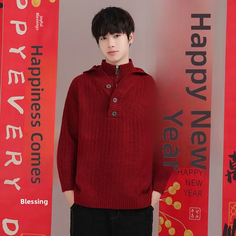 

Новый мужской вязаный свитер 2025 года, зимняя одежда для пар, красный трикотаж, молодежный, удлиненный, теплый и комфортный