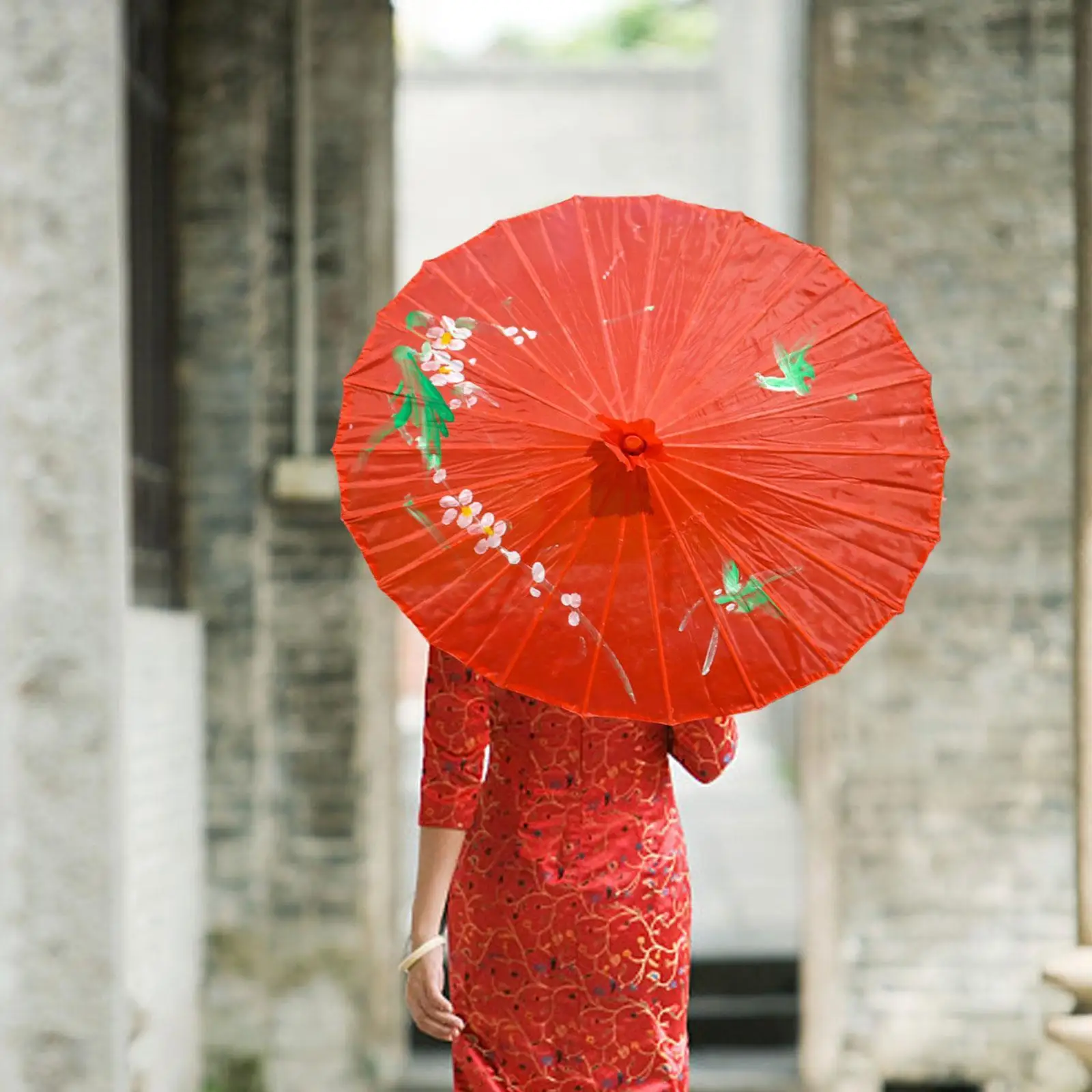 Vintage Chinese Silk Oil Paper Umbrella Red Flower Oil Paper Umbrella Bamboo Handle Wedding Decor Photo Parasol Dance Props Red