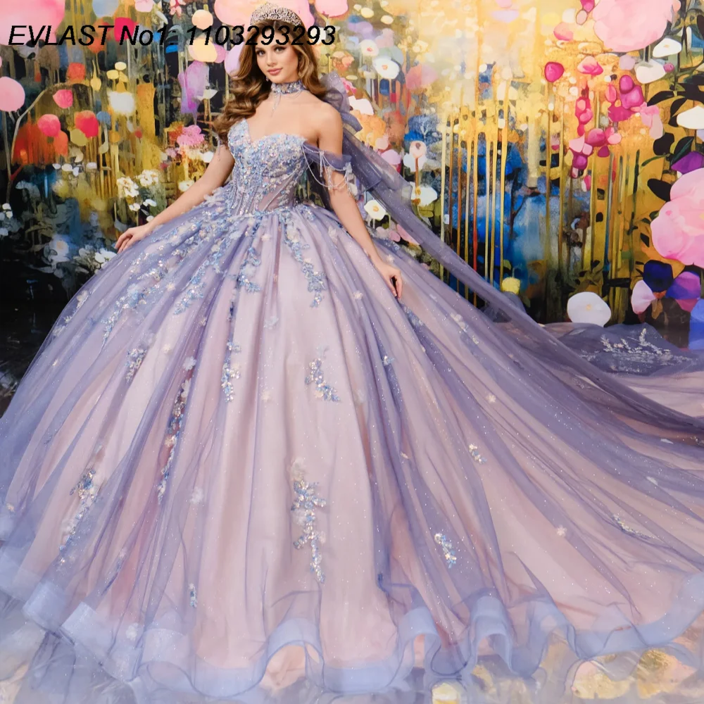 EVLAST personalizado brillante Rosa vestido De baile vestido para quinceañeras apliques De lentejuelas capa con cuentas dulce 16 Vestidos De 15 Anos E1QN271