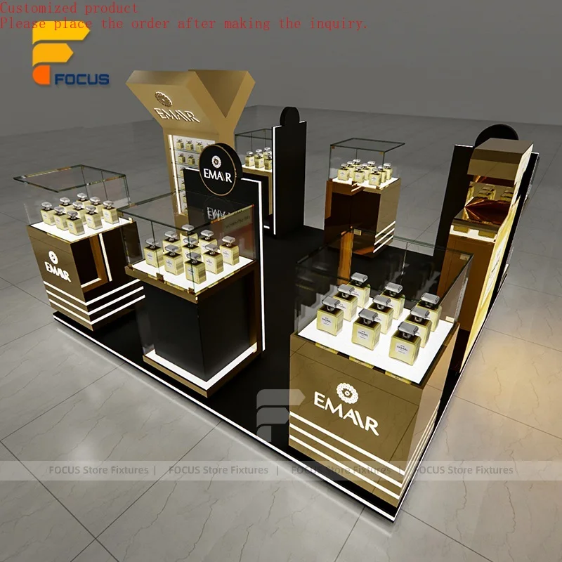 

Custom.Black Gold Perfume Display Cabinet Stainless Body Glass Counter Lockable Fragrance Retail Fixture Boutique Store Furnitur