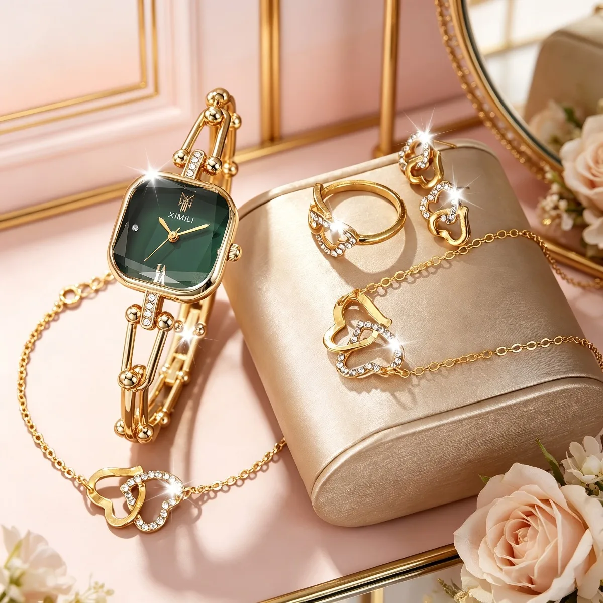 6pcs Elegant Square Women Quartz Watch Jewelry Set Fashion Ladies Wristwatches Rhinestone Necklace Ring Earring Accessories Gift