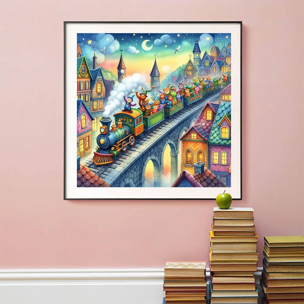 Beautiful Landscape Fantasy Train Passing Through The Town 5D Mosaic Christmas Theme Diamond Paintng Embroidery Cross Stitch