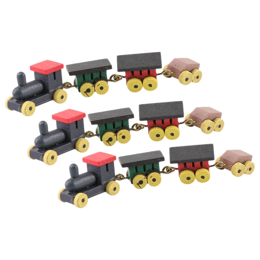 

3 Pcs Miniature Wooden Train Set House Decor Model Toy Smooth Edges Kids Educational Gift Mini Train Cartoon Design