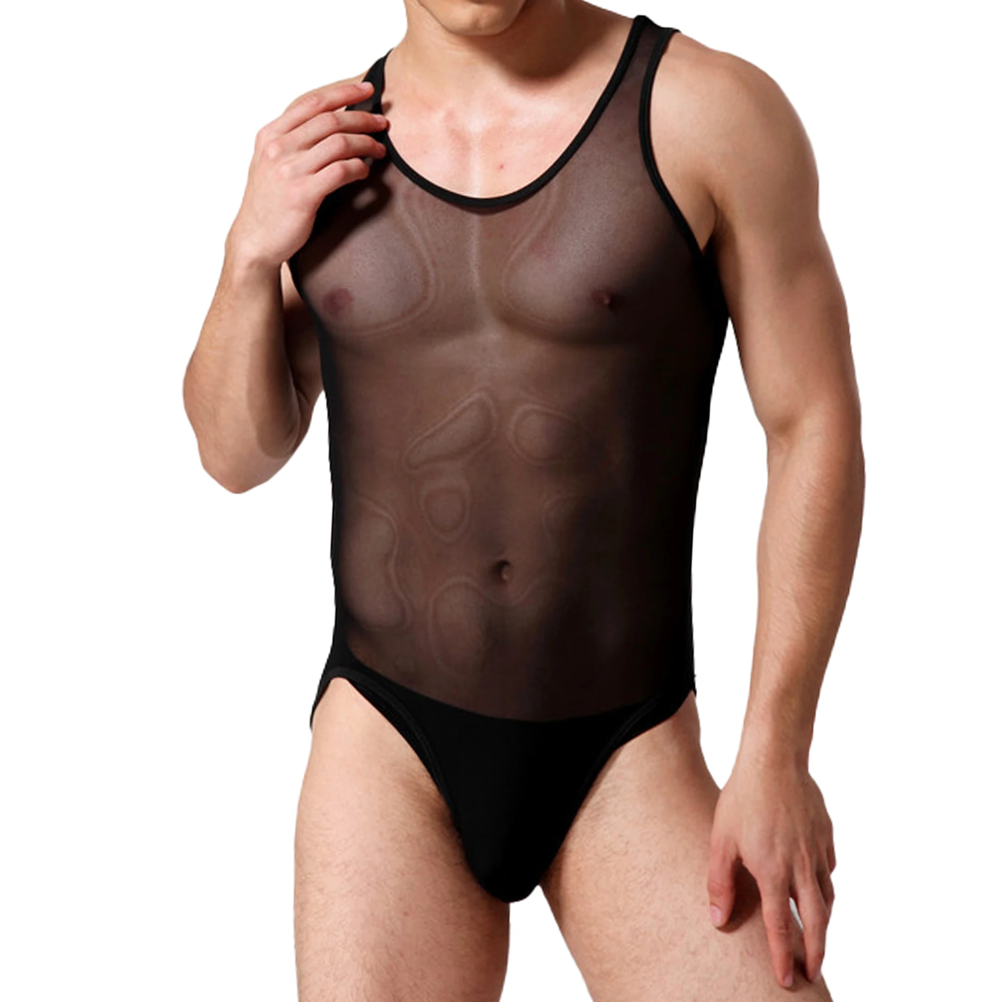 

Мужские однотонные боди без рукавов, сетчатые дышащие прозрачные комбинезоны, цельное нижнее белье, пижамы, сексуальные комбинезоны, трико